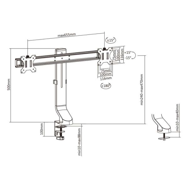 ACT Monitorarm office, crossbar, 2 schermen, eenvoudig in hoogte verstelbaar (AC8322)