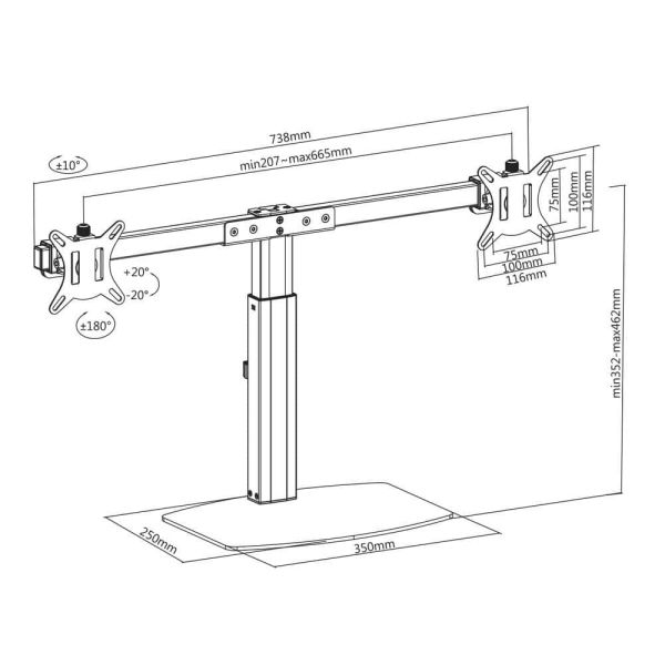 ACT Monitorarm office, op voet met gasveer, crossbar, 2 schermen (AC8332)