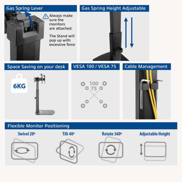 ACT Monitorarm office, op voet met gasveer, crossbar, 2 schermen (AC8332)