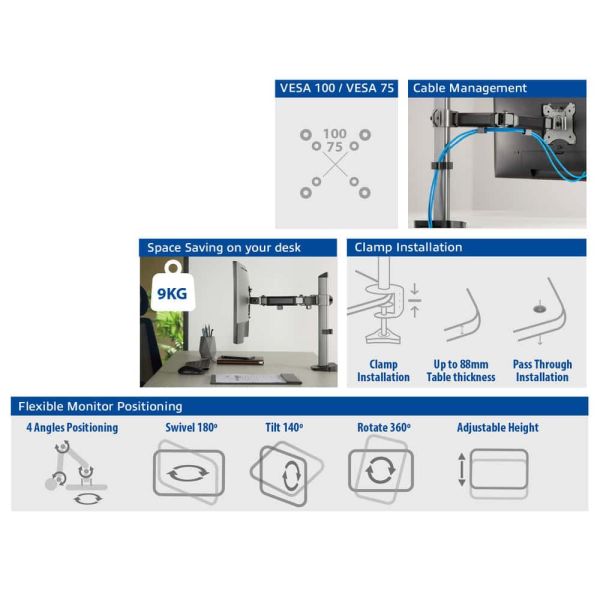 ACT Monitorarm office, 1 scherm, zilver (AC8335)