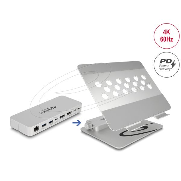 Delock Tablet und Notebook Ständer mit integrierter Dockingstation 4K - HDMI / DisplayPort / LAN / Hub / HDR / PD (18442)