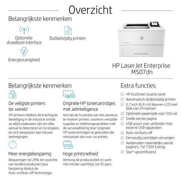 HP LaserJet Enterprise M507dn, Print, Dubbelzijdig afdrukken (1PV87A)