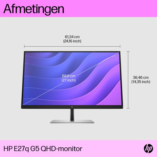 HP E27q G5 68,6 cm (27") 2560 x 1440 Pixels Quad HD LCD Zwart, Zilver (6N6F2AA)