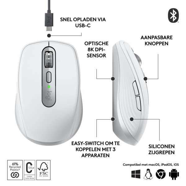 Logitech MX Anywhere 3S muis Kantoor Rechtshandig RF-draadloos + Bluetooth Laser 8000 DPI (910-006930)