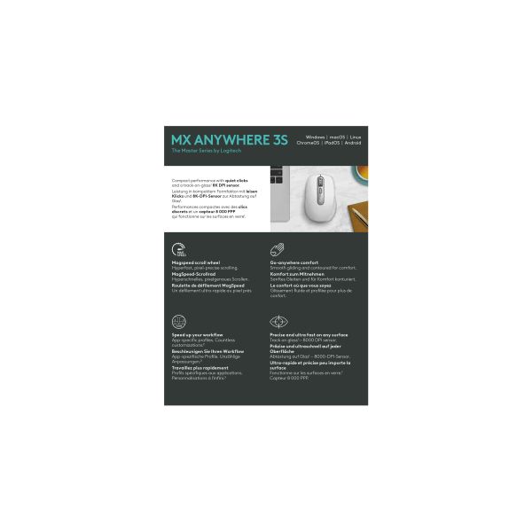 Logitech MX Anywhere 3S muis Kantoor Rechtshandig RF-draadloos + Bluetooth Laser 8000 DPI (910-006930)