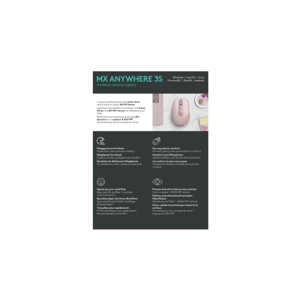 Logitech MX Anywhere 3S muis Kantoor Rechtshandig RF-draadloos + Bluetooth Laser 8000 DPI (910-006931)