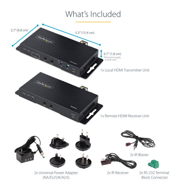 StarTech.com 4K HDMI over Fiber Extender Kit, 4K 60Hz tot 1km (Single Mode) of 300m (Multimode) LC Fiber Optic, HDR, HDCP, 3.5mm Audio/RS232/IR Extender, Transmitter & Receiver Kit, HDMI Rx/Tx (ST121HD20FXA2)