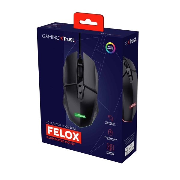 Trust GXT 109 Felox Gaming Muis - Verlichte gamingmuis – 6 programmeerbare knoppen – 6400 DPI – Zwart (25036) Trust GXT 109 Felox Gaming Muis - Verlichte gamingmuis – 6 programmeerbare knoppen – 6400 DPI – Zwart (25036)