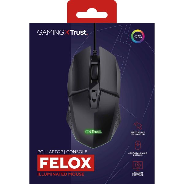 Trust GXT 109 Felox Gaming Muis - Verlichte gamingmuis – 6 programmeerbare knoppen – 6400 DPI – Zwart (25036) Trust GXT 109 Felox Gaming Muis - Verlichte gamingmuis – 6 programmeerbare knoppen – 6400 DPI – Zwart (25036)
