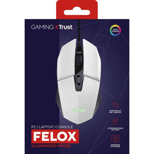 Trust GXT 109W Felox Gaming Muis - Bedrade gamingmuis – 6 programmeerbare knoppen – 6400 DPI – Wit (25066)
