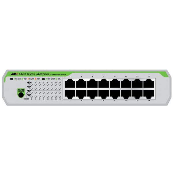 Allied Telesis AT-FS710/16-50 Unmanaged Fast Ethernet (10/100) 1U Groen, Grijs (AT-FS710/16-50)