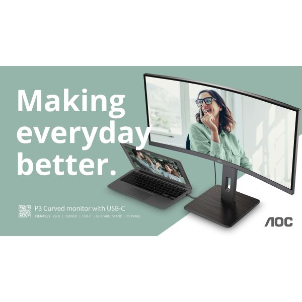 AOC CU34P3CV computer monitor 86,4 cm (34") 3440 x 1440 Pixels UltraWide Quad HD LED Zwart (CU34P3CV) AOC CU34P3CV computer monitor 86,4 cm (34") 3440 x 1440 Pixels UltraWide Quad HD LED Zwart (CU34P3CV)
