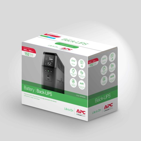 APC Back-UPS PRO BR1600SI - Noodstroomvoeding, 8x C13 uitgang, 2x USB charger (type A & C), 1600VA, USB dataport (BR1600SI) APC Back-UPS PRO BR1600SI - Noodstroomvoeding, 8x C13 uitgang, 2x USB charger (type A & C), 1600VA, USB dataport (BR1600SI)