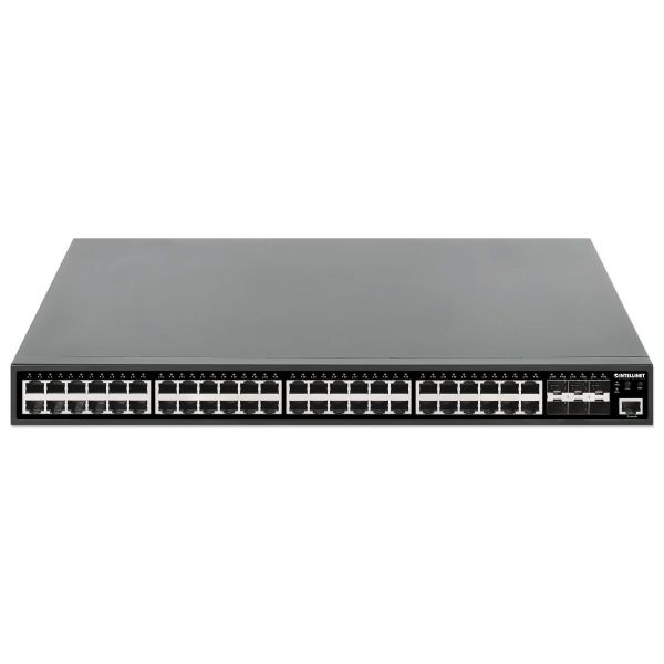 Intellinet 48-poorts Gigabit Ethernet PoE+ L2+ managed netwerk switch, 48x RJ45 + 6x 10G SFP+ uplinks, IEEE 802.3at/af conform, PoE-budget 450 W, Layer 2+/L3 Lite, 19" rackmontage, 3 jaar garantie (561969)