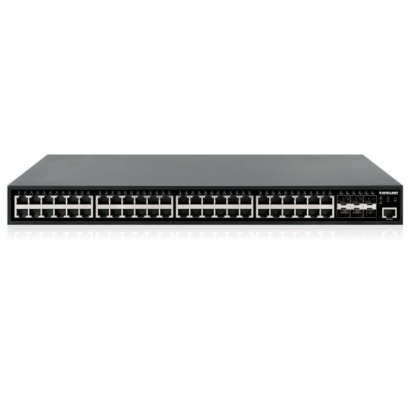Intellinet 48-poorts Gigabit Ethernet PoE+ L2+ managed netwerk switch, 48x RJ45 + 6x 10G SFP+ uplinks, IEEE 802.3at/af conform, PoE-budget 450 W, Layer 2+/L3 Lite, 19" rackmontage, 3 jaar garantie (561969)