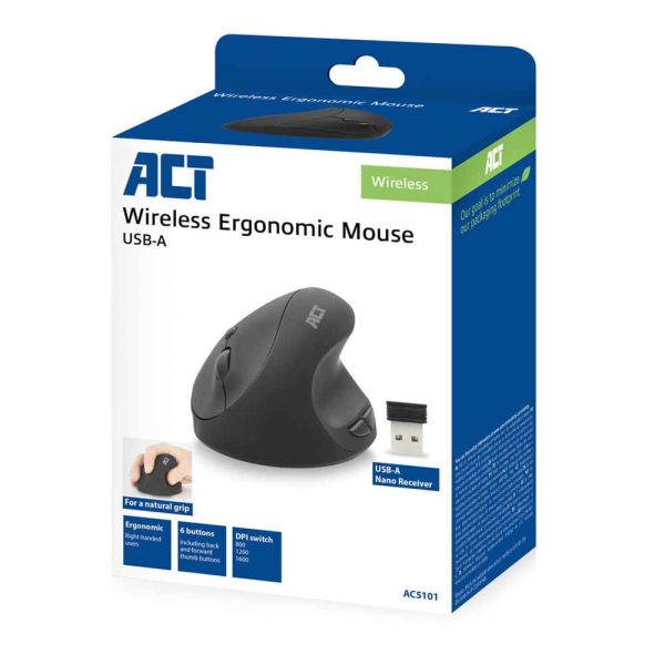 ACT Draadloze Ergonomische Muis 1600 DPI (AC5101)