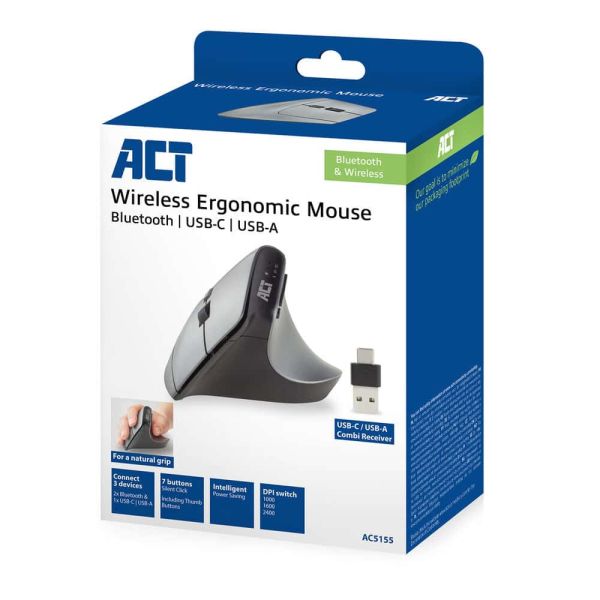 ACT Draadloze Ergonomische Muis met Bluetooth en USB-C/USB-A (AC5155)