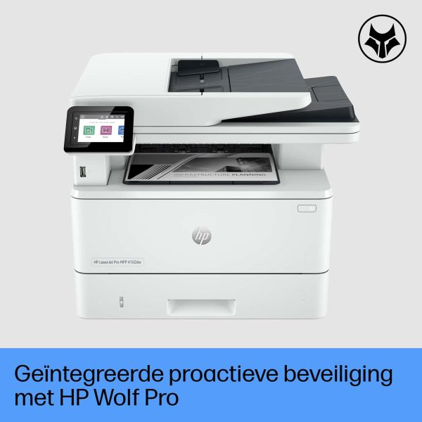 HP LaserJet Pro MFP 4102dw printer, Zwart-wit, Printer voor Kleine en middelgrote ondernemingen, Printen, kopiëren, scannen, Draadloos; Geschikt voor Instant Ink; Printen vanaf een telefoon of tablet; Automatische documentinvoer (2Z622F)