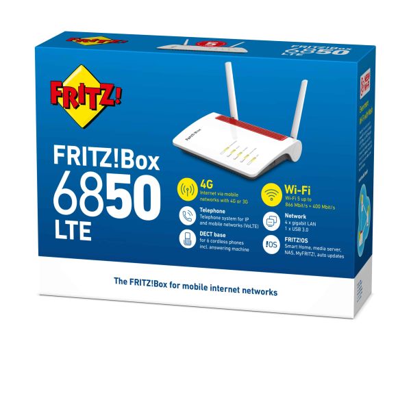 Box FRITZ! 6850 LTE draadloze router Gigabit Ethernet Dual-band (2.4 GHz / 5 GHz) 4G Wit (20002925) Box FRITZ! 6850 LTE draadloze router Gigabit Ethernet Dual-band (2.4 GHz / 5 GHz) 4G Wit (20002925)