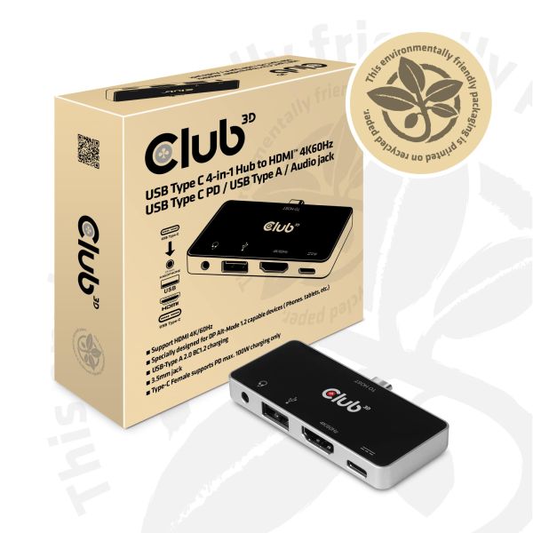 CLUB3D USB Type C 4-in-1 Hub to HDMI™ 4K60Hz USB Type C PD / USB Type A / Audio jack (CSV-1591)