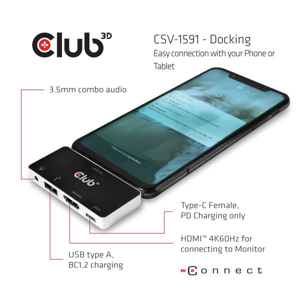 CLUB3D USB Type C 4-in-1 Hub to HDMI™ 4K60Hz USB Type C PD / USB Type A / Audio jack (CSV-1591)