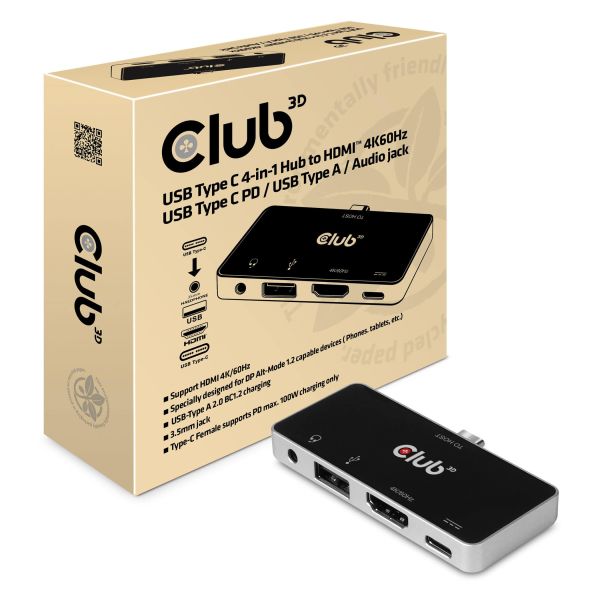 CLUB3D USB Type C 4-in-1 Hub to HDMI™ 4K60Hz USB Type C PD / USB Type A / Audio jack (CSV-1591)