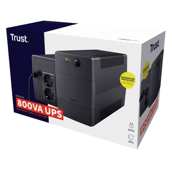 Trust Paxxon 800VA UPS - Noodstroomvoorziening – 2 stopcontacten – 480W capaciteit – Zwart (23503)
