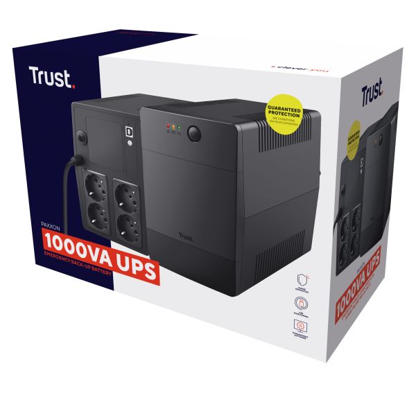 Trust Paxxon 1000VA UPS - Noodstroomvoorziening – 4 stopcontacten – 600W capaciteit – Zwart (23504)