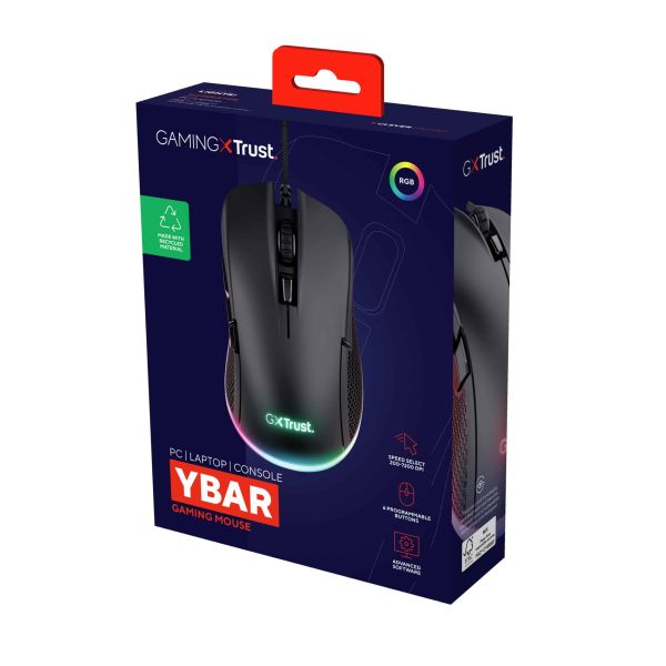 Trust GXT 922 YBAR Gaming Muis - Bedrade gamingmuis – 6 programmeerbare knoppen – 7200 DPI – Zwart (24729)