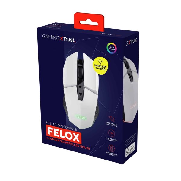 Trust GXT 110W Felox Gaming Muis - Draadloze gamingmuis – 6 programmeerbare knoppen – 4800 DPI – Wit (25069) Trust GXT 110W Felox Gaming Muis - Draadloze gamingmuis – 6 programmeerbare knoppen – 4800 DPI – Wit (25069)