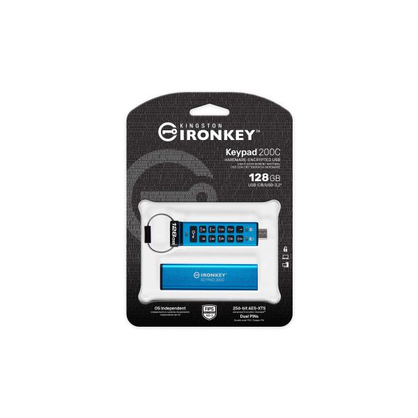 Kingston Technology IronKey Keypad 200 USB flash drive 128 GB USB Type-C 3.2 Gen 1 (3.1 Gen 1) Blauw (IKKP200C/128GB)