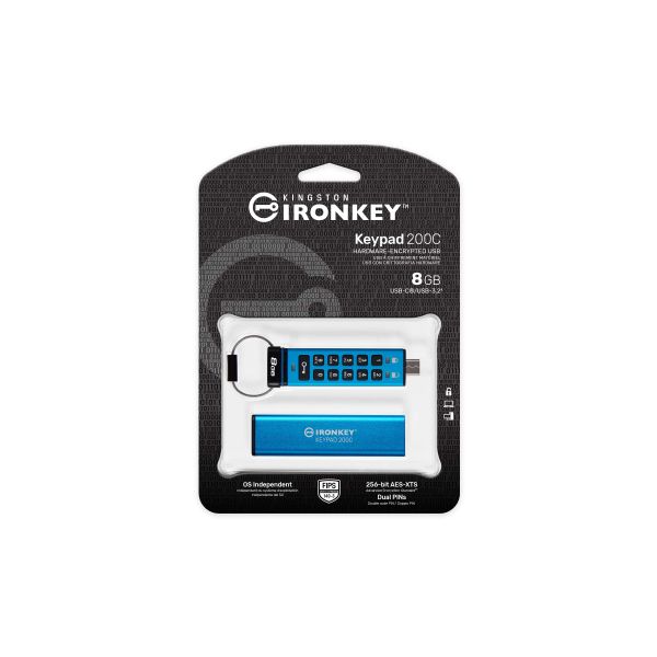 Kingston Technology IronKey Keypad 200 USB flash drive 8 GB USB Type-C 3.2 Gen 1 (3.1 Gen 1) Blauw (IKKP200C/8GB)