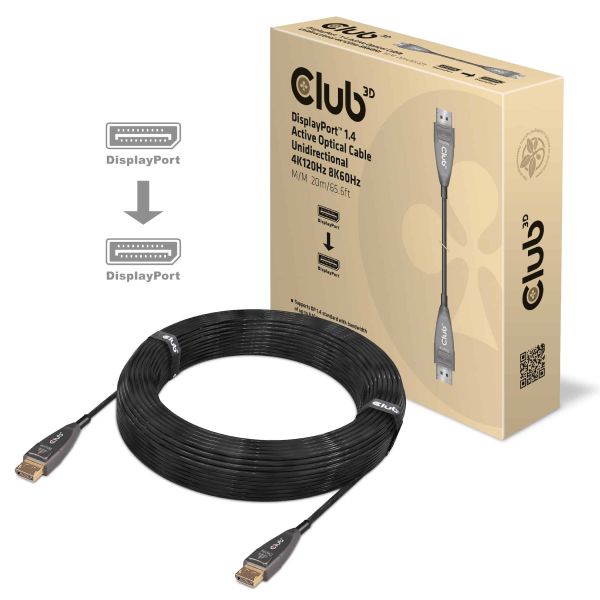 CLUB3D DisplayPort 1.4 Active Optical Cable Unidirectional 4K120Hz 8K60Hz M/M 20m/65.62ft (CAC-1079)