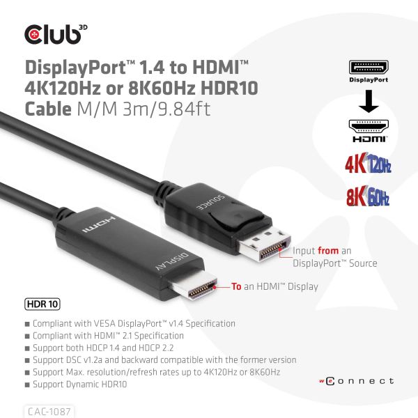CLUB3D DisplayPort 1.4 to HDMI 4K120Hz or 8K60Hz HDR10 Cable M/M 3m/9.84ft (CAC-1087)
