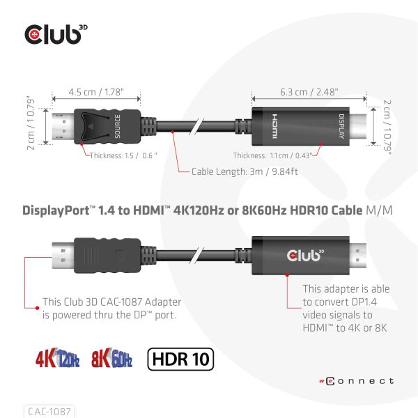 CLUB3D DisplayPort 1.4 to HDMI 4K120Hz or 8K60Hz HDR10 Cable M/M 3m/9.84ft (CAC-1087)