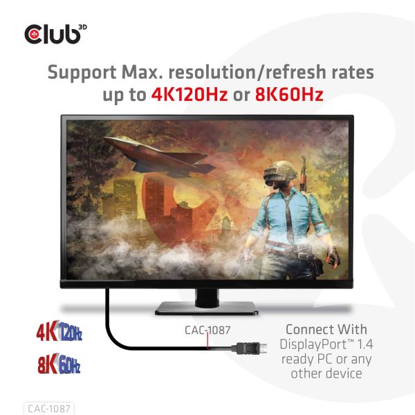 CLUB3D DisplayPort 1.4 to HDMI 4K120Hz or 8K60Hz HDR10 Cable M/M 3m/9.84ft (CAC-1087)