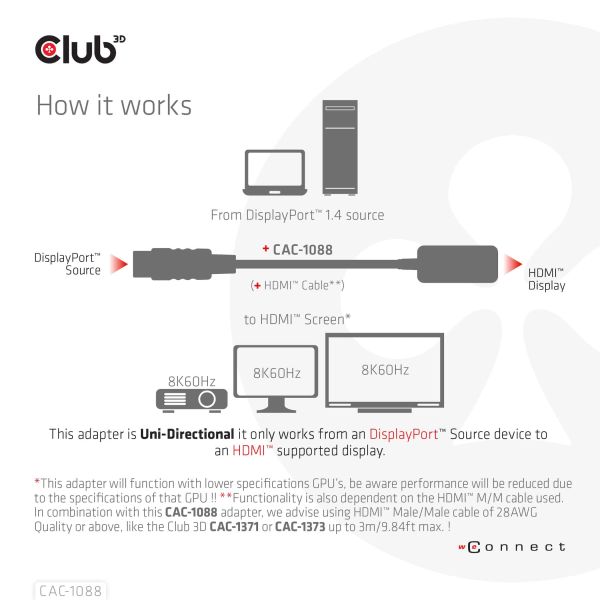 CLUB3D DisplayPort1.4 to HDMI 4K120Hz/8K60Hz HDR Active adapter M/F (CAC-1088)