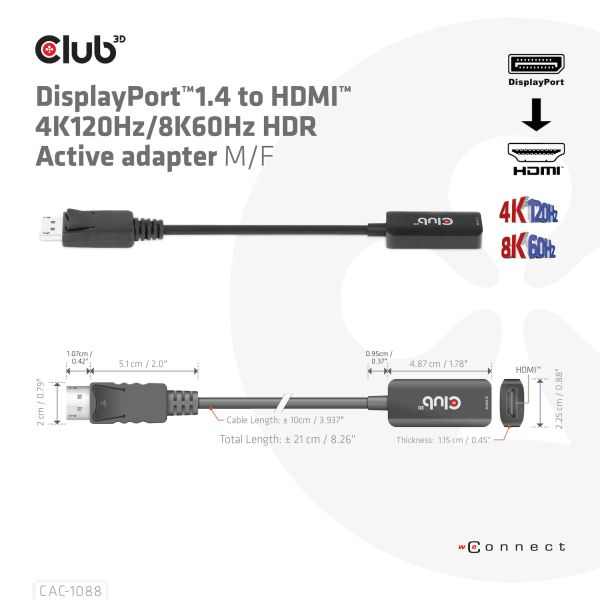 CLUB3D DisplayPort1.4 to HDMI 4K120Hz/8K60Hz HDR Active adapter M/F (CAC-1088)
