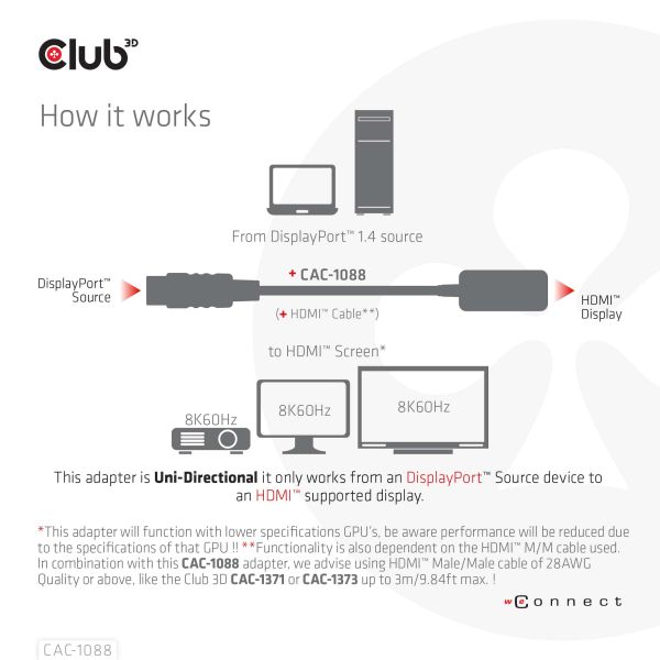 CLUB3D DisplayPort1.4 to HDMI 4K120Hz/8K60Hz HDR Active adapter M/F (CAC-1088)