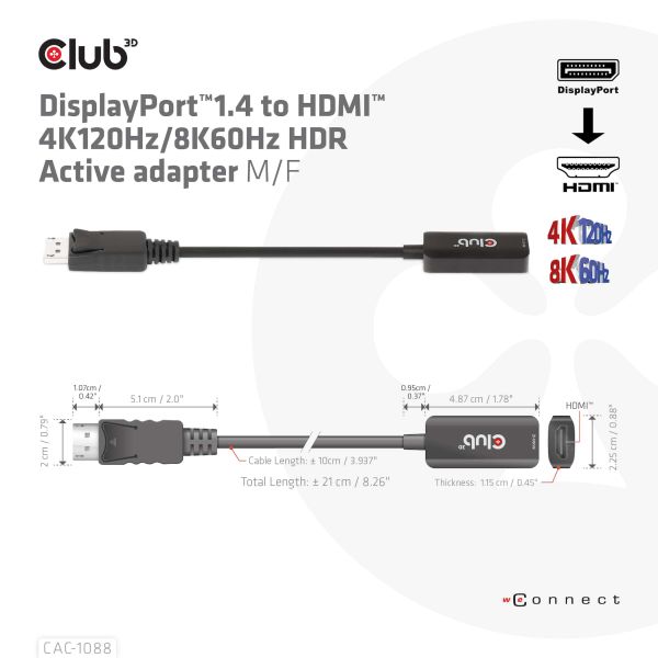 CLUB3D DisplayPort1.4 to HDMI 4K120Hz/8K60Hz HDR Active adapter M/F (CAC-1088)