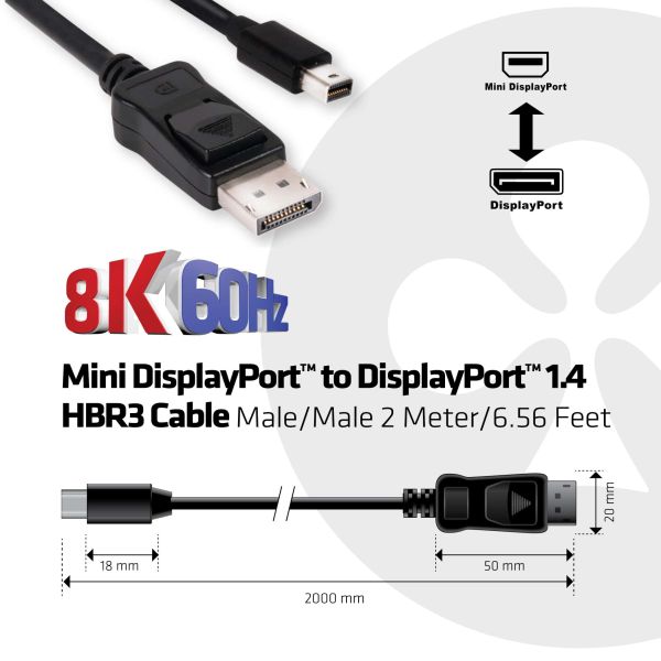 CLUB3D Mini DisplayPort naar DisplayPort 1.4 HBR3 8K60Hz Kabel, 2 Meter (CAC-1115)