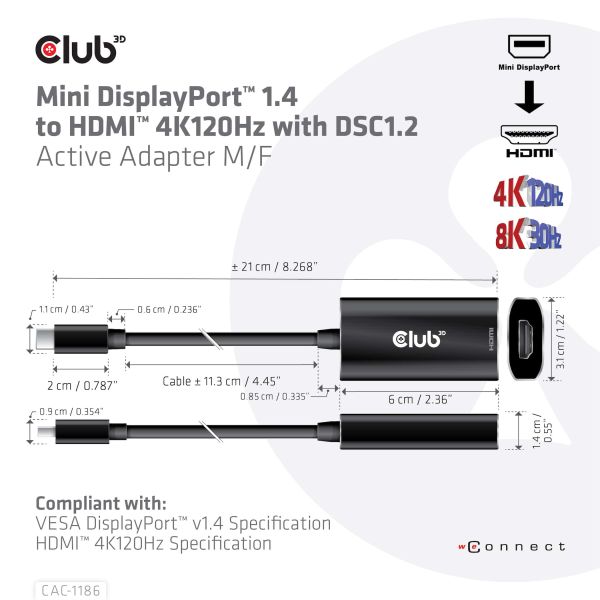 CLUB3D Mini DisplayPort 1.4 naar HDMI 4K120Hz met DSC1.2 actieve adapter M/F (CAC-1186)