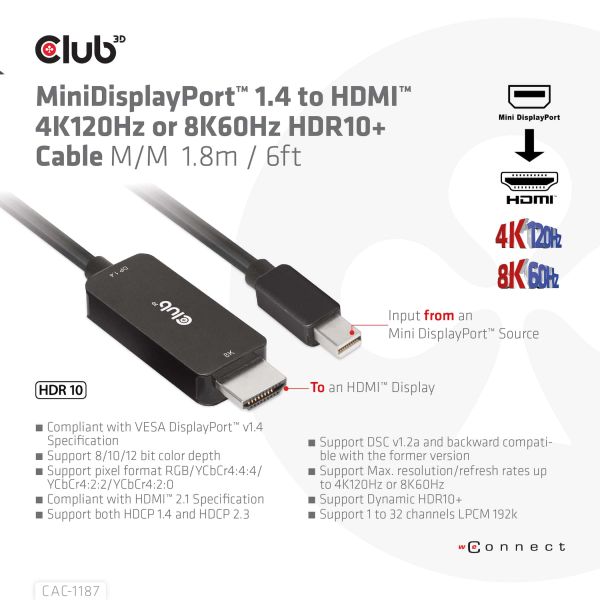 CLUB3D MiniDisplayPort 1.4 to HDMI 4K120Hz or 8K60Hz HDR10+ Cable M/M 1.8m / 6ft (CAC-1187)