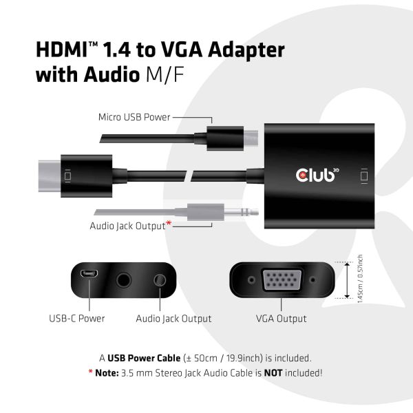 CLUB3D CAC-1302 video kabel adapter 0,5 m HDMI Type A (Standaard) VGA (D-Sub) Zwart (CAC-1302)