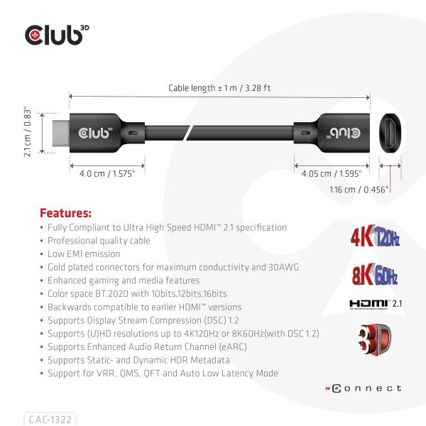 CLUB3D Ultra High Speed HDMI Extension Cable 4K120Hz 8K60Hz 48Gbps M/F 1 m / 3.28 ft 30AWG (CAC-1322)