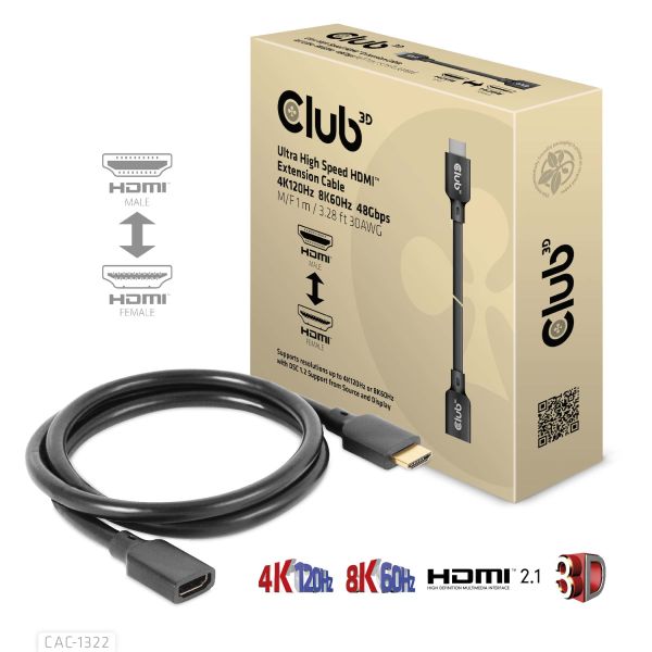 CLUB3D Ultra High Speed HDMI Extension Cable 4K120Hz 8K60Hz 48Gbps M/F 1 m / 3.28 ft 30AWG (CAC-1322)