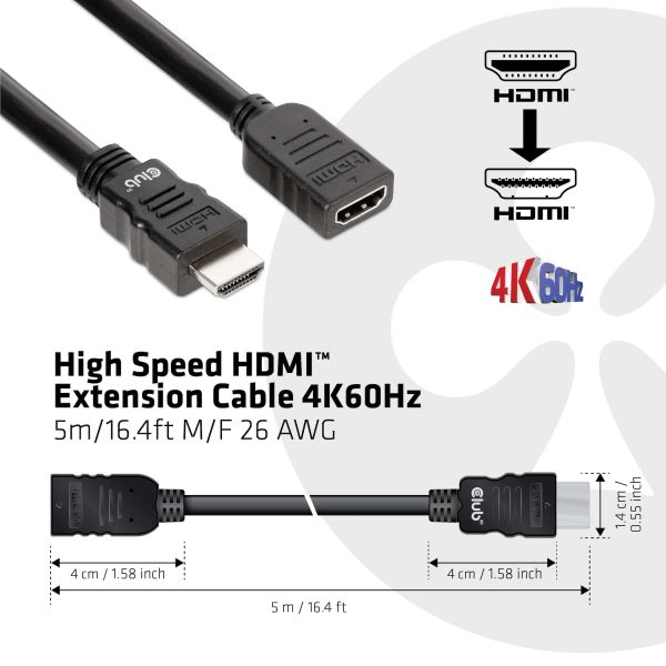 CLUB3D High Speed HDMI™ Extension Cable 4K60Hz M/F 5m/16.4ft 26 AWG (CAC-1325)