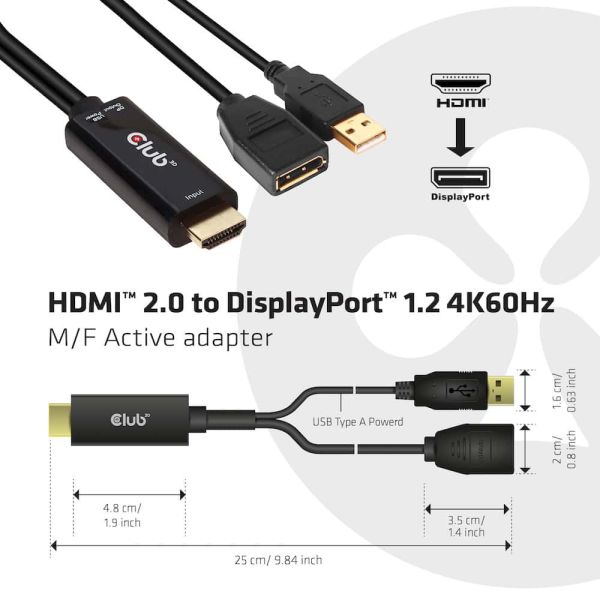 CLUB3D HDMI 2.0 TO DISPLAYPORT 1.2 4K60HZ HDR M/F ACTIVE ADAPTER Zwart (CAC-1331)