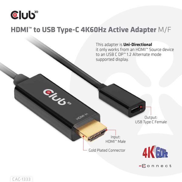 CLUB3D HDMI to USB Type-C 4K60Hz Active Adapter M/F (CAC-1333)