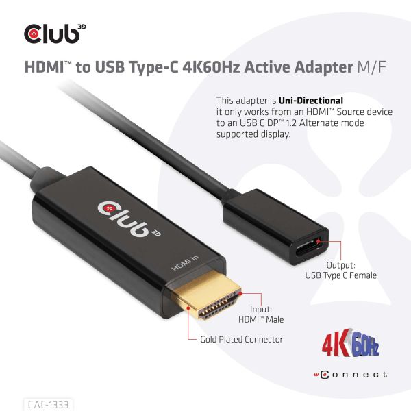 CLUB3D HDMI to USB Type-C 4K60Hz Active Adapter M/F (CAC-1333)